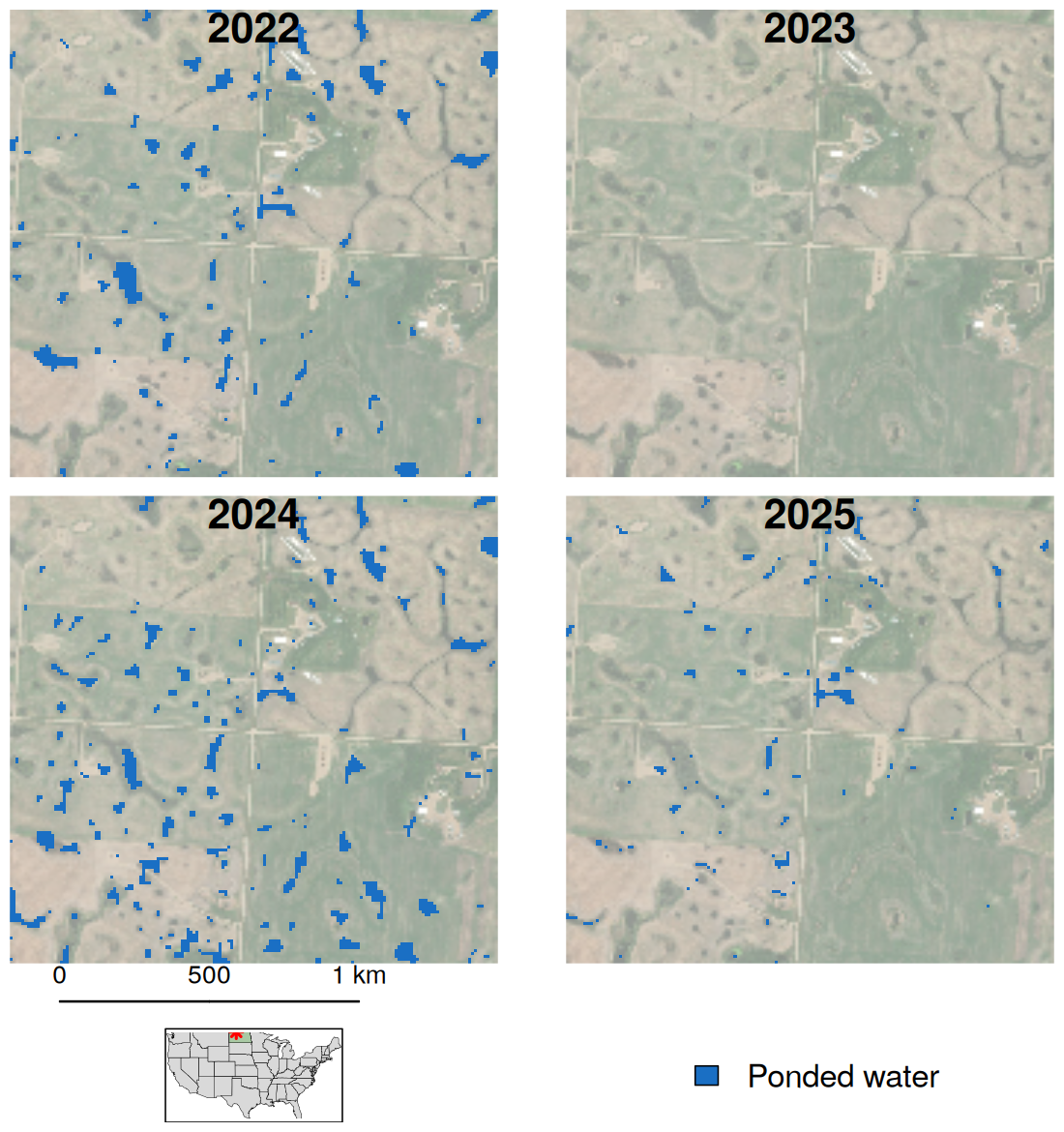 Plot 30 wetland pond status, compared across 2022-2025 growing seasons